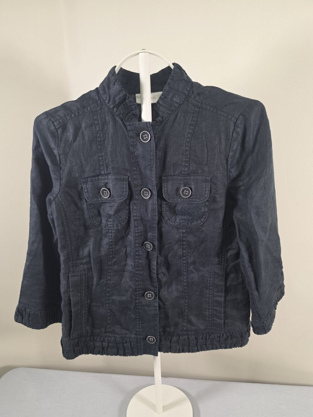 Chico’s Size 0 S Linen Jacket Black Herringbone Ruffle 3/4 Sleeve Utility
